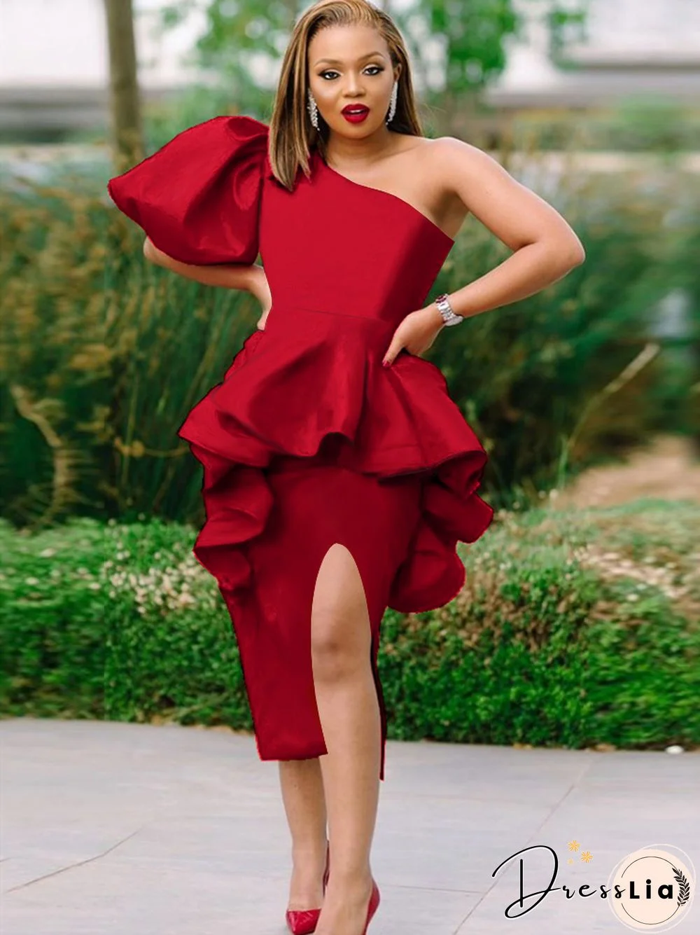 Summer Women Party Dresses Bodycon Ruffles Puff Sleeve Tunics One Shoulder Bright Red Dress Big Size Celebrity Event Outfits