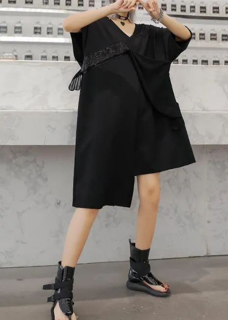 Modern v neck patchwork Cotton dress Catwalk black Dresses summer