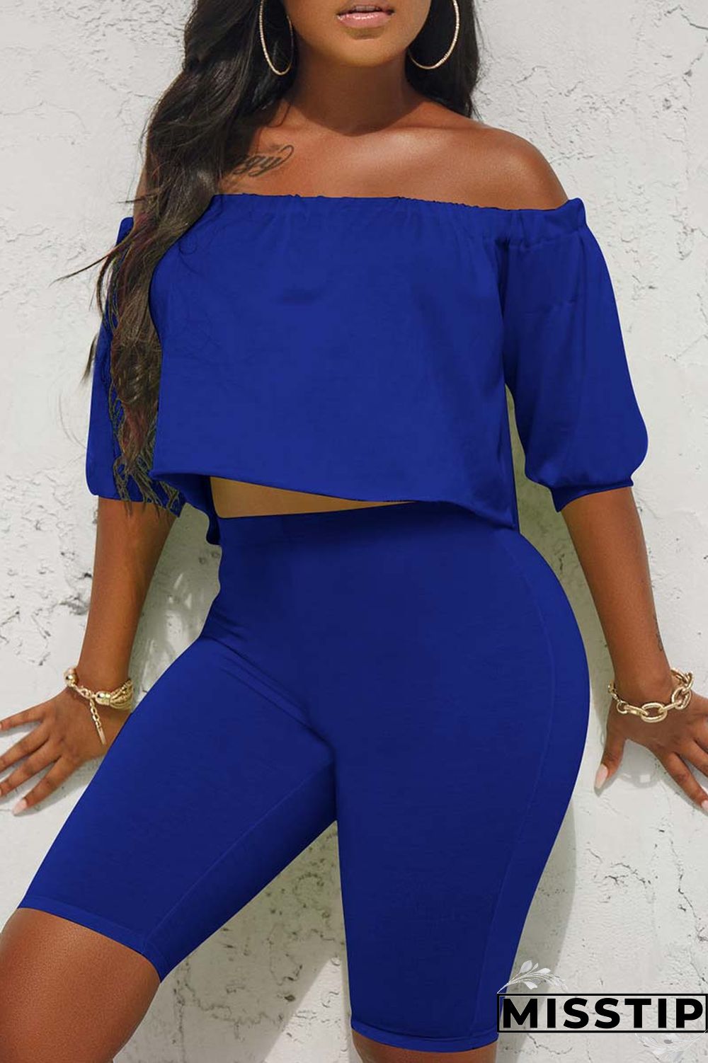 Fluorescent Green Casual Solid Patchwork Off the Shoulder Half Sleeve Two Pieces