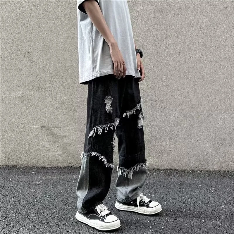 Back to School High Street Patchwork Loose Jeans Harajuku Fringed Raw Edge Washed Vintage Wide Leg Jeans Men's And Women's Denim Clothes