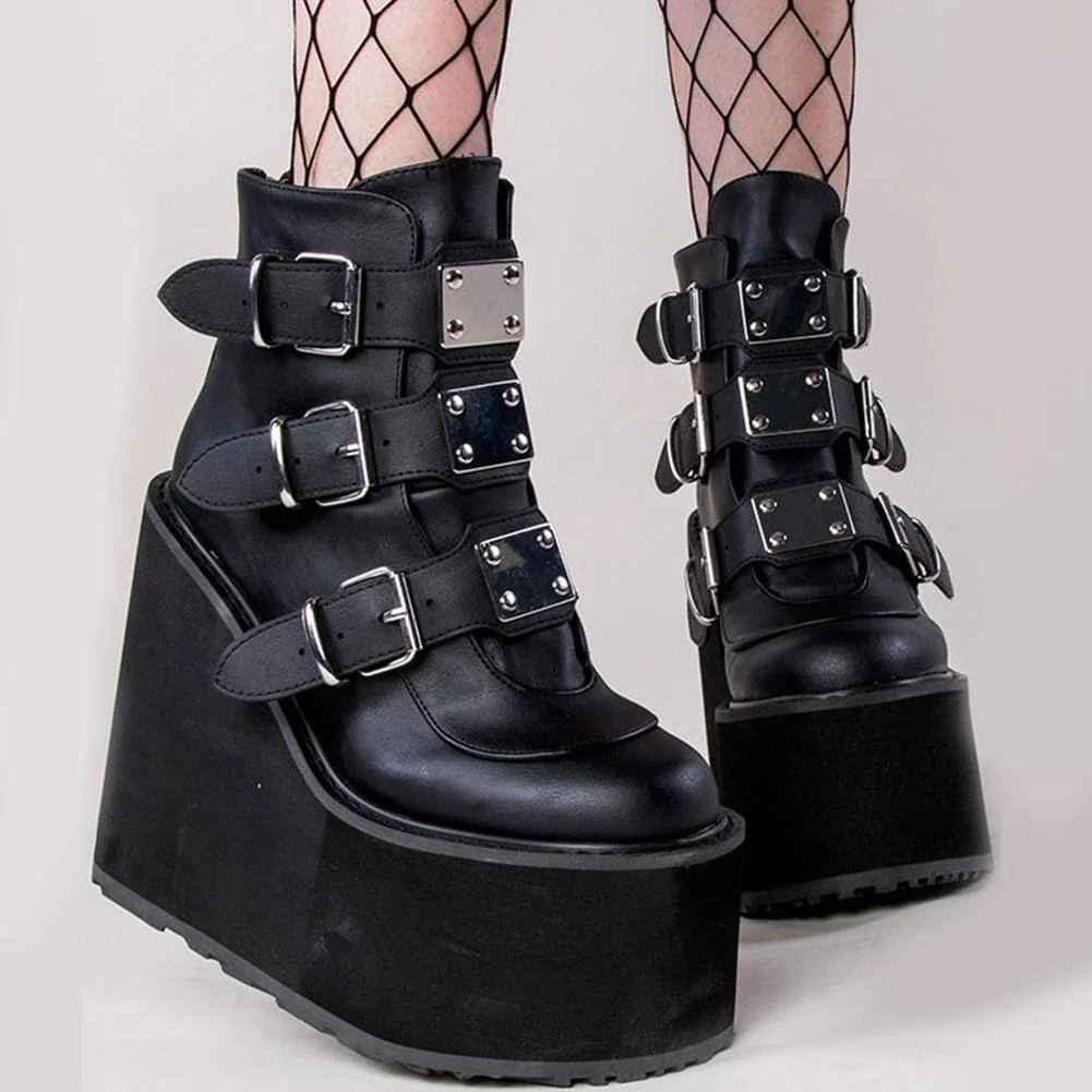 Brand Design Big Size 43 Black Gothic Style Cool Punk Motorcycles Boots Female Platform Wedges High Heels Calf Boots Women Shoes 1108-1
