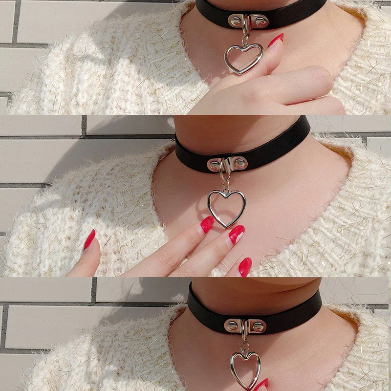 Billionm Fashion Sexy Harajuku Handmade Heart Pendant Choker Laser Light Necklace Punk Cute kawaii Leather Collar Chocker Spikes Torques
