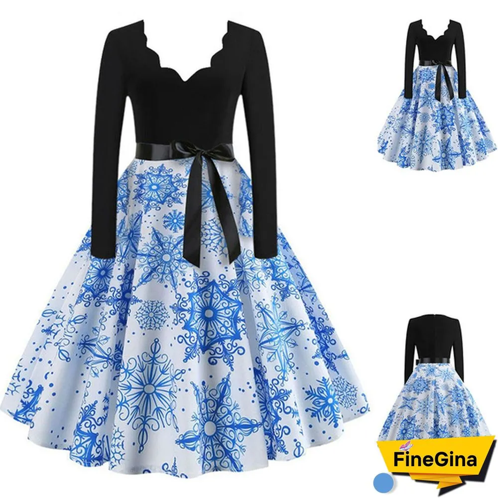 Womens Fashion Casual Dress Lace V Neck Christmas Deer Musical Notes Cat Print Santa Cluas Snowflake Dress Christmas Dress Print Vintage Flare Dress Bowknot High Waist Swing Dress