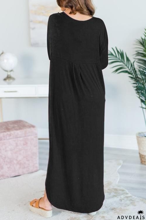 Button Side Slit Long Sleeve Maxi Dress
