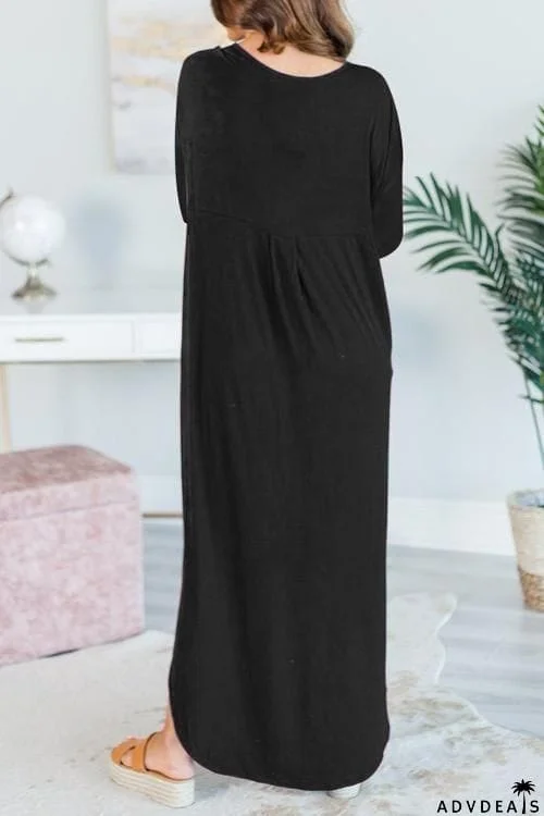 Button Side Slit Long Sleeve Maxi Dress