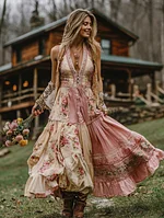 Women's Boho Floral Art Patchwork V Neck Comfy Maxi Dress