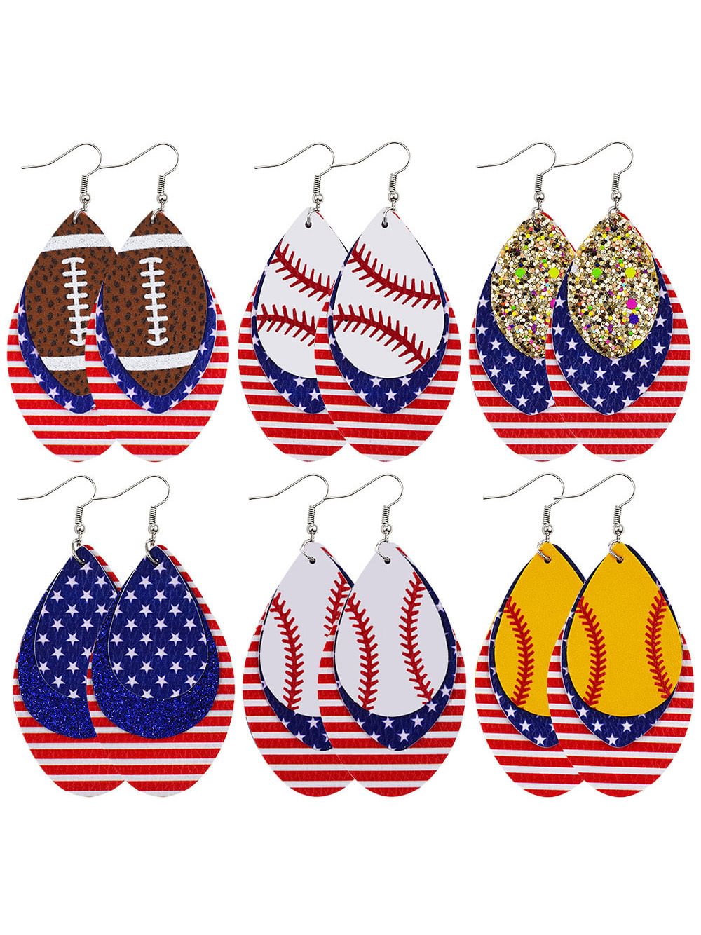 Independence Day Flag Baseball Print PU Leather Earrings