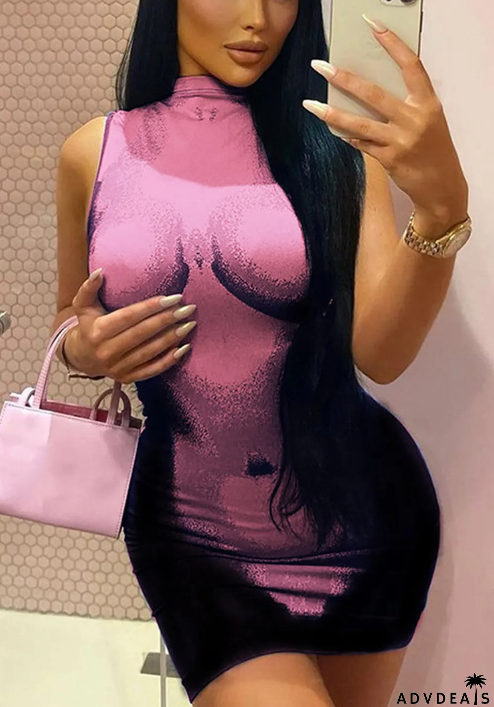 3d printing dress slim fit Round Neck sleeveless Tight Fitting Bodycon Dress