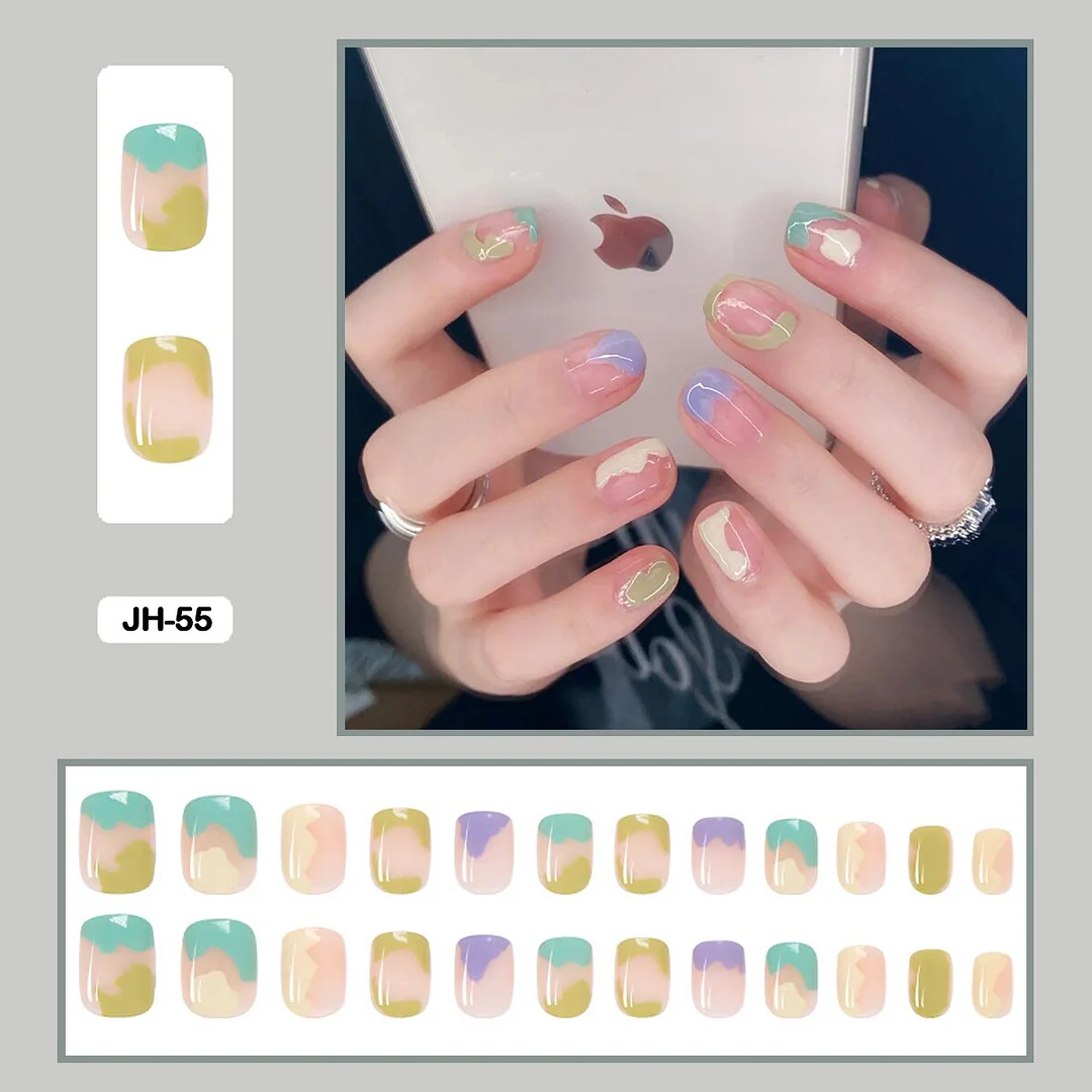 24Pcs/Set French Contracted Artistic Line Drip Shaped Short Wearable False Nails With Glue Manicure Art Tools Fake Nails-Nail Inspo