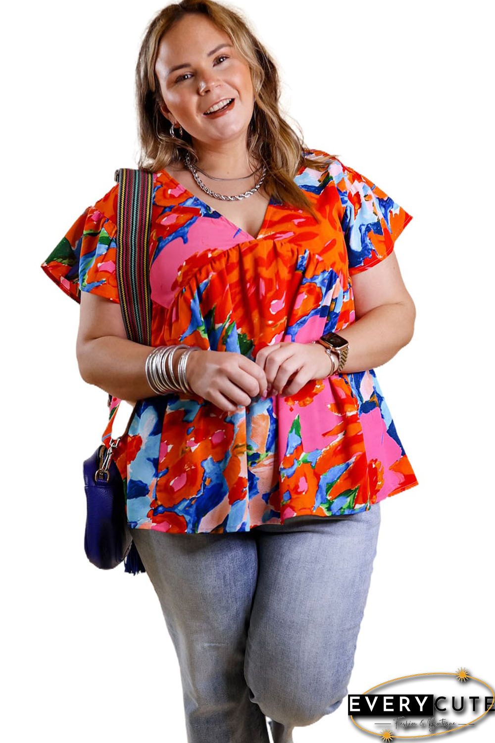 Red Abstract Floral Print V Neck Plus Blouse