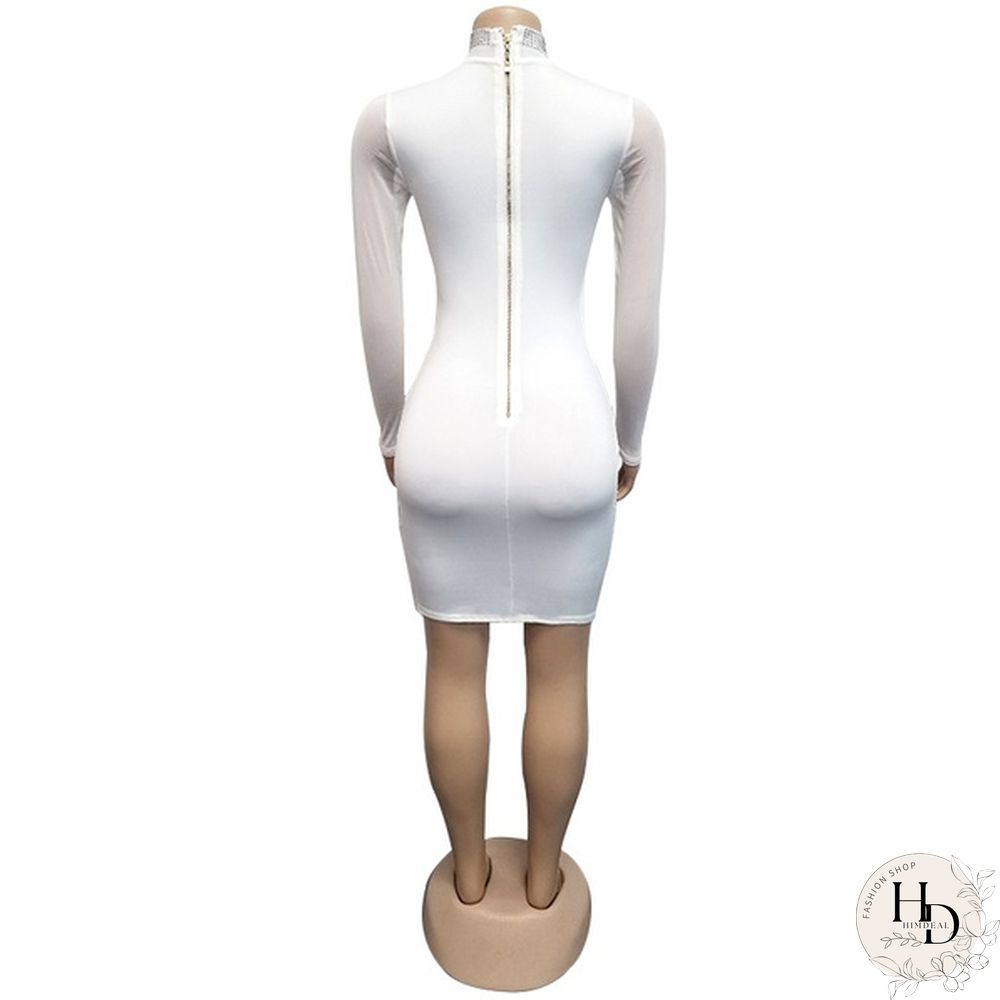 Women Sexy Night Club Dresses Bodycon Party Dress Bling Bling Rhinestone Zipper Sheer Long Sleeve Mini Dress White Black Blue Pink