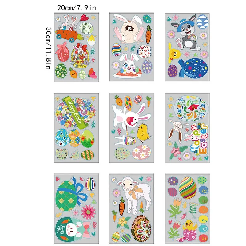 9Sheets Easter Window Stickers Cartoon Rabbit Egg Wall Sticker Fridge DIY Decal Happy Easter Party Decorations for Home 2022