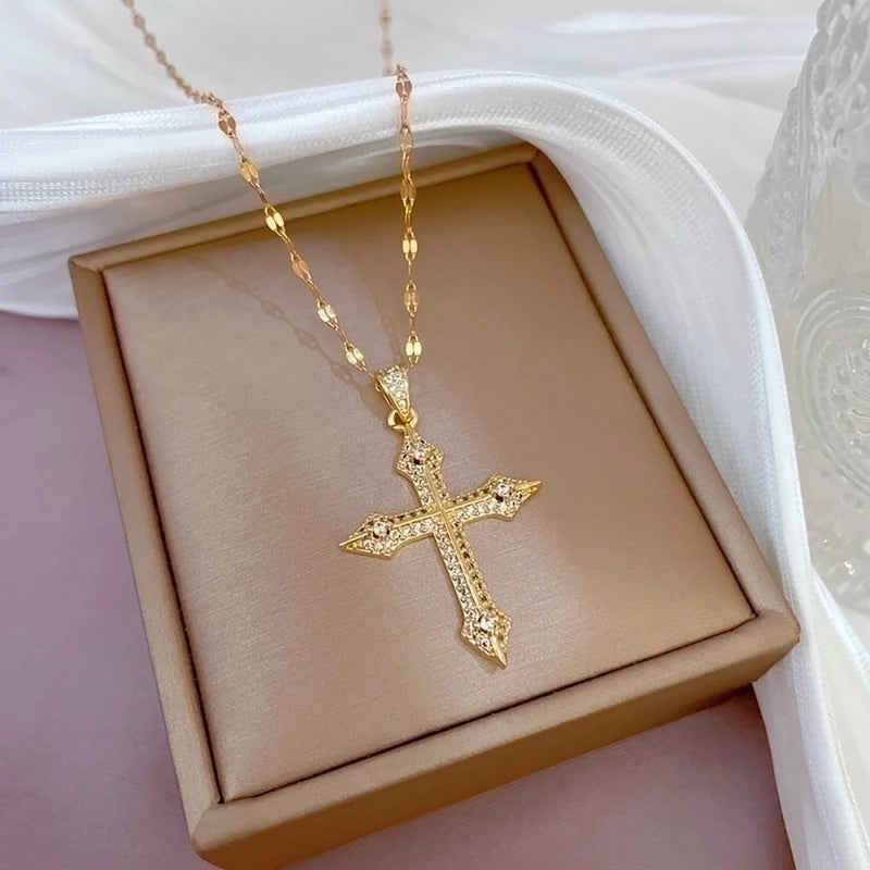 Stainless Steel 18K Gold Plated Minimalist Plating Inlay Cross Zircon