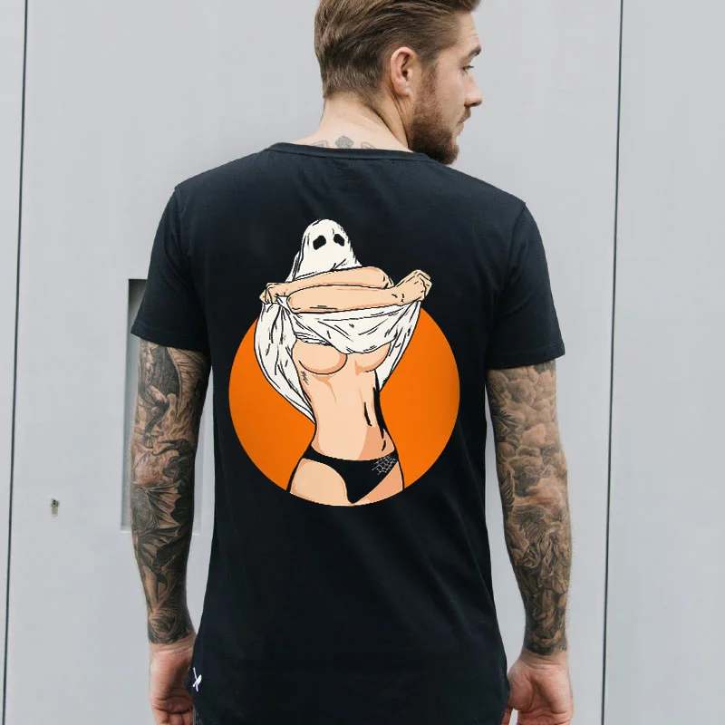 Ghost with Sexy Figure Graphic Black Print T-Shirt