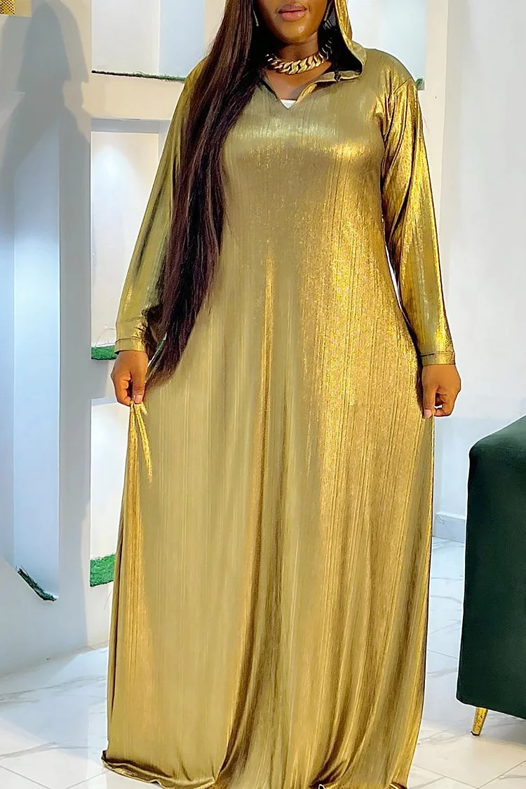 Plus Size Semi Formal Maxi Dresses Elegant Gold Fall Winter Long Sleeve Metallic Maxi Dresses [Pre-Order]