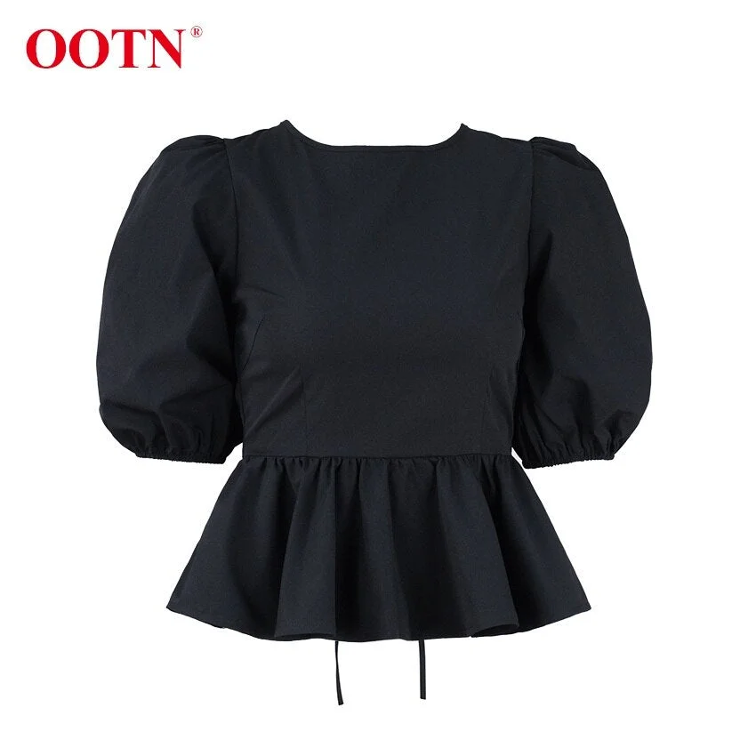 OOTN Sexy Backless Lace Up Black Shirt Puff Sleeve Womens Tops And Blouses Casual O Neck 2019 Summer Peplum Tops Female Tunic