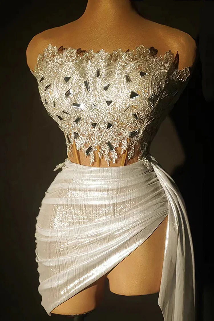 Sequin Embroidery Strapless Corset Ruched Streamer Mini Skirt 2pcs Set-White