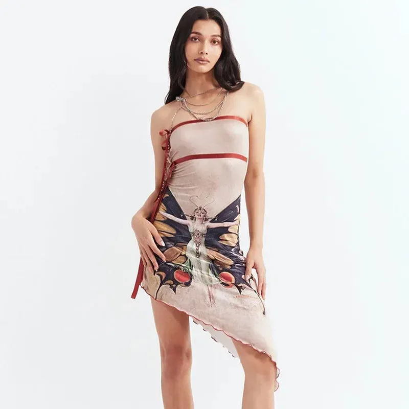 Fashion Butterfly Print Sexy Strapless Mini Dress