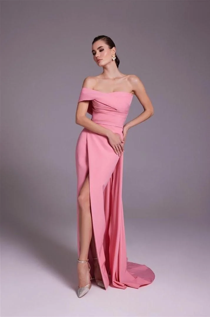 Miabel Beautiful Pink Satin Strapless One Shoulder Long Pleated Prom Dress with Split 