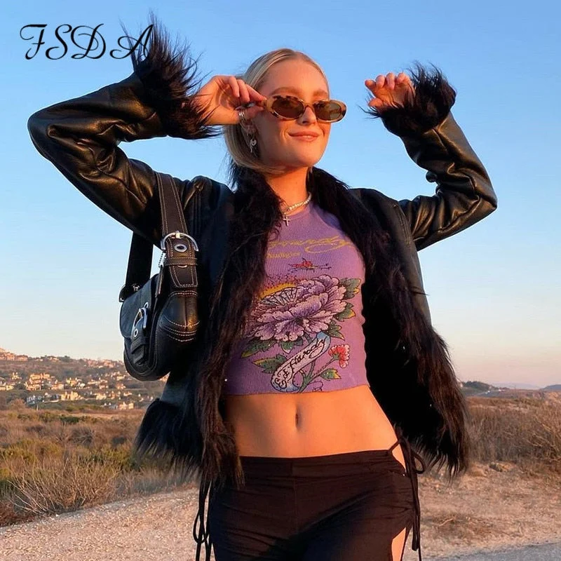 FSDA 2021 Faux PU Leather Biker Jacket Women Long Sleeve Fur Black Vintage Autumn Winter Casual Fashion Coat