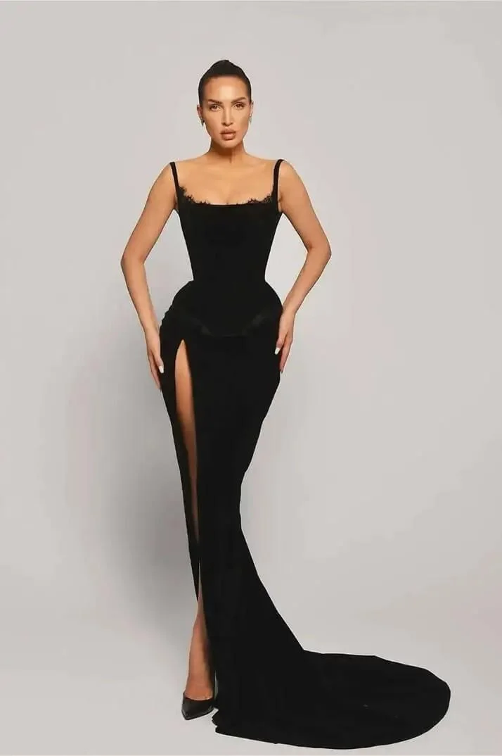 Miabel Simple Black Satin Spaghetti Strap Sleeveless Long Prom Dress with Split 