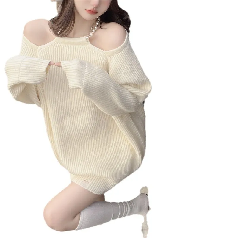 Churchf Churchf / Winter 2024 New Pure Desire Pearl Off-The-Shoulder Sweater Sweater Top Broken Hole Design Sense Long Sleeve Top Female