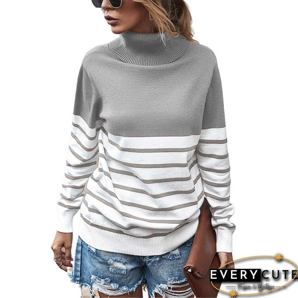 Light Gray Colorblock Striped Turtleneck Sweater