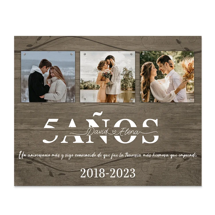 Aniversario-Lámina marco de madera para pareja personalizado con 2 textos, número y 3 fotos