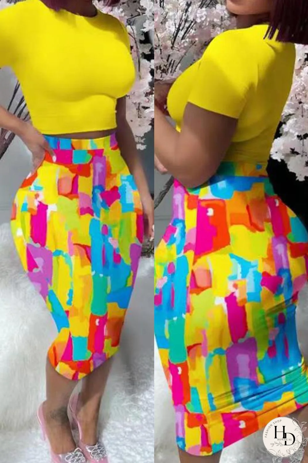 Yellow Casual Print Patchwork O Neck Short Sleeve Two Pieces