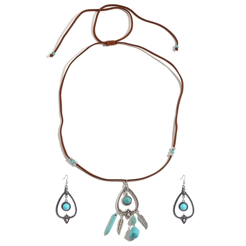 Ethnic Style Geometric Water Droplets Turquoise Metal Earrings Necklace