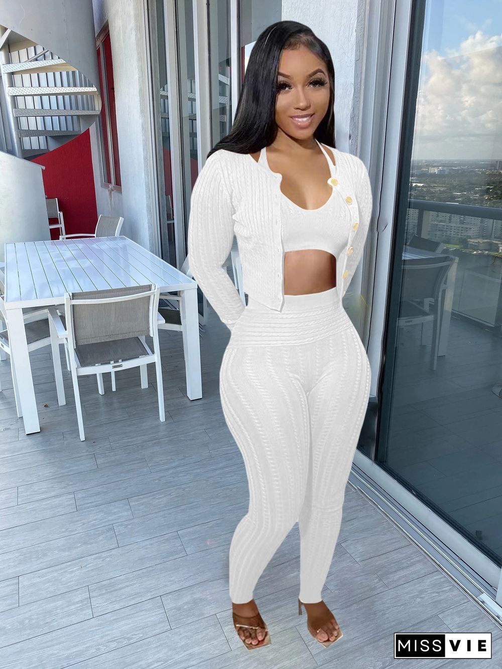 Solid Color Hand Knit Sweater Cardigan Three Piece Set