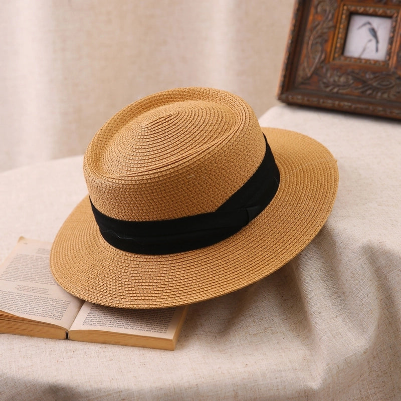 Big Head Straw Hat Women’s Flat Top Hat Flat Brim Sunshade Hat Fashionable Women’s Straw Sun Hat Showing Small Face
