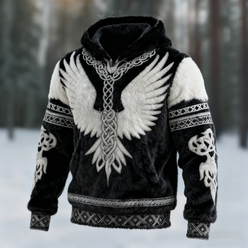 Men's Viking Tribal Jacquard Celtic Knot With Skull Inspired Art Plush Warm Hoodie elevenforest