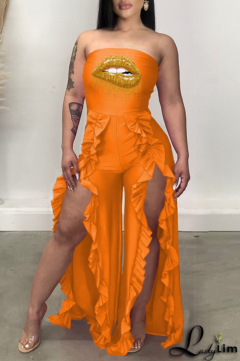 Black Sexy Print Flounce Strapless Boot Cut Jumpsuits