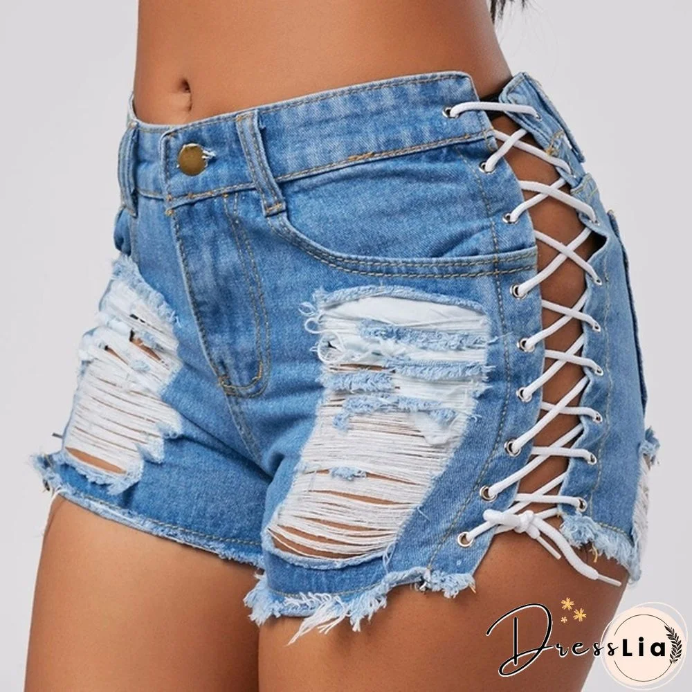 Sexy Summer Women Denim Shorts Blue High Waist Ripped Short Jeans Femme Tassel Lace Up Bandage Shorts