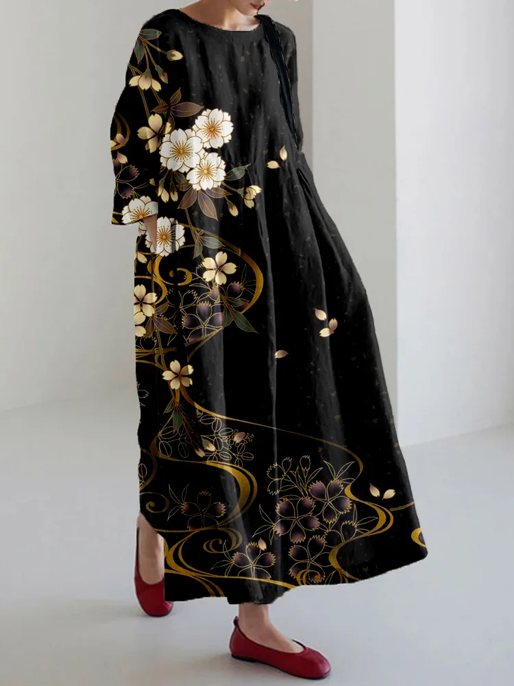 VChics Japanese Cherry Blossoms Art Linen Blend Maxi Dress