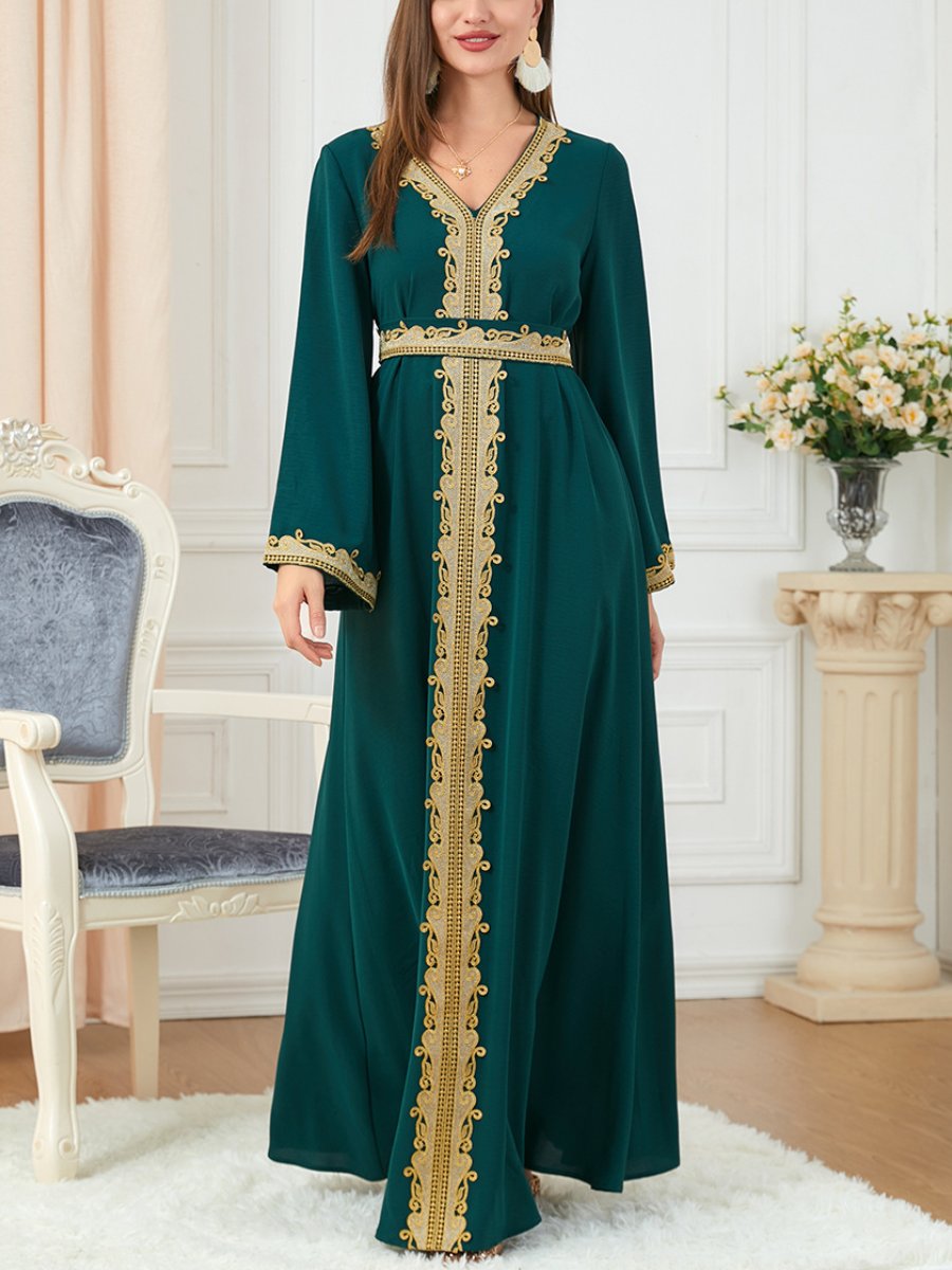 Green Embroidery Print Binded Design V Neck Long Sleeve Dress | Oxredo Shop Ramadan Sale