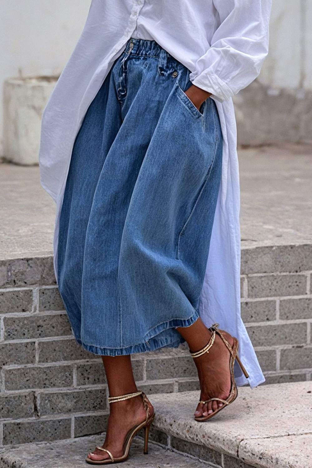 Plus Size Daily Blue Casual Pocket Wide Leg Denim Crop Jeans [Pre-Order]