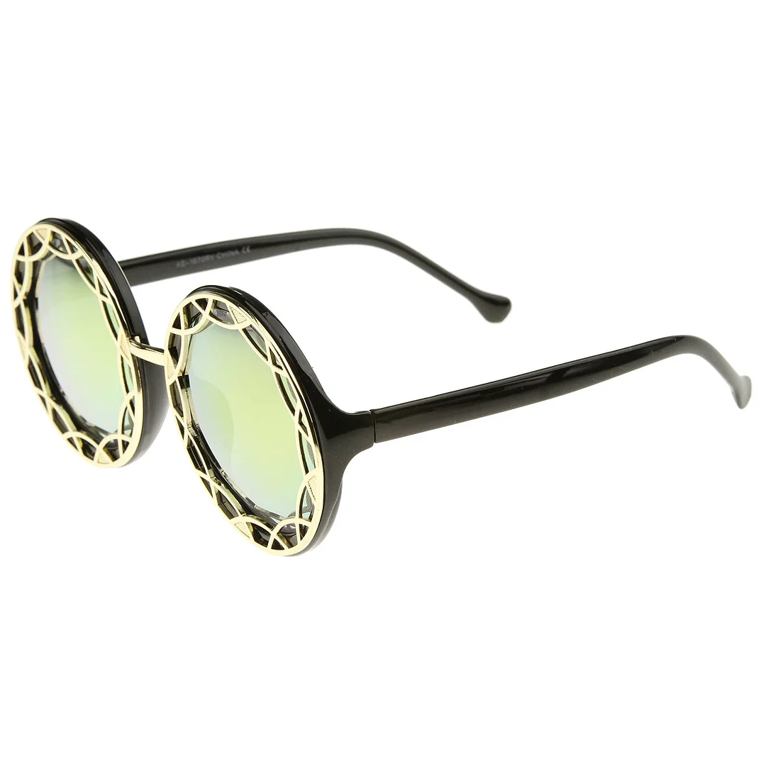 Women's Oversize Ornate Flat Pattern Color Mirror Lens Round glasses 55mm