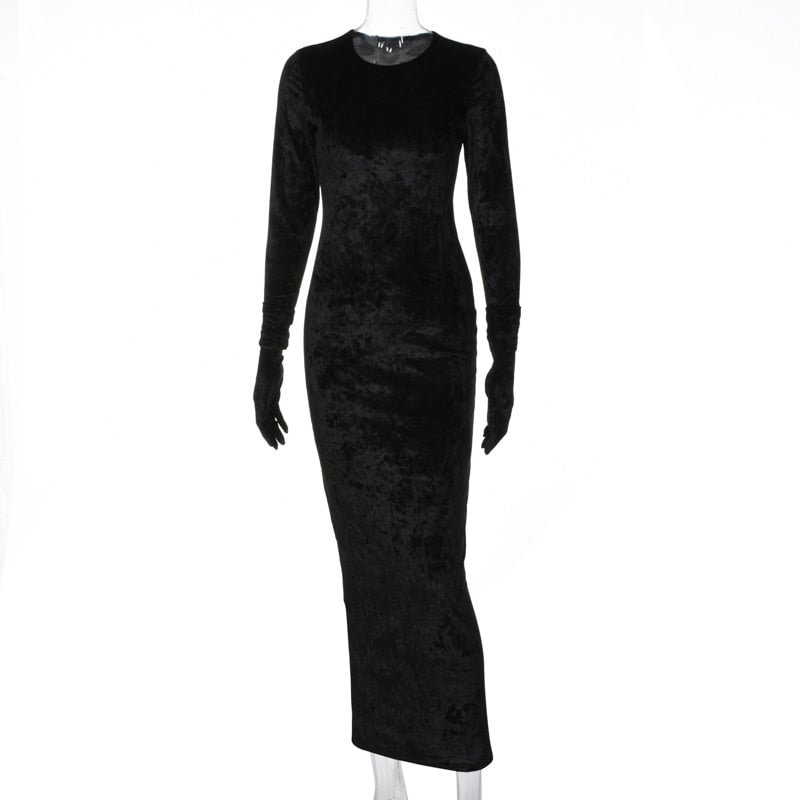 Hawthaw Women Fashion Long Sleeve Velvet Bodycon Black Pencil Long Dress 2022 Spring Autumn Clothes Wholesale Items For Business