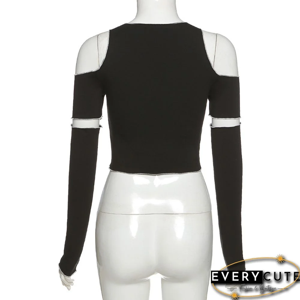 Patchwork Black T-shirts Gothic One Shoulder Sleeve Crop Tops Ruffles Hem Hip Hop Techwear Women Tees