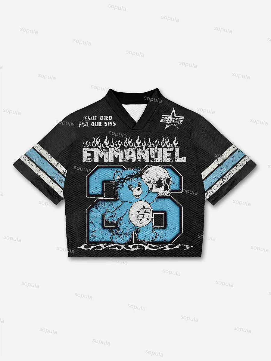God With Me Cartoon Bear Blokecore Mesh Football Jersey T-shirt