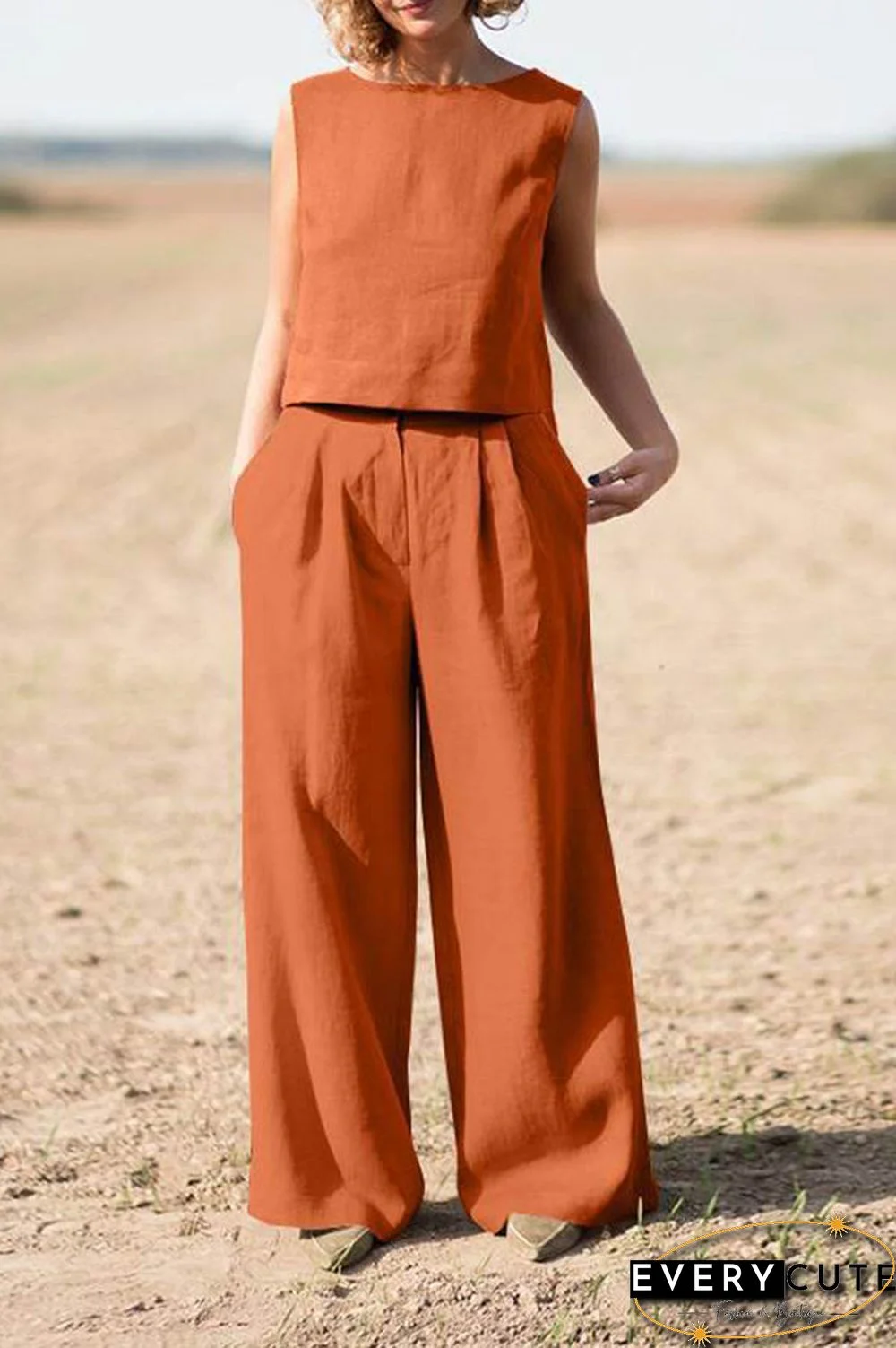 Solid Sleeveless Blouse Pants Set