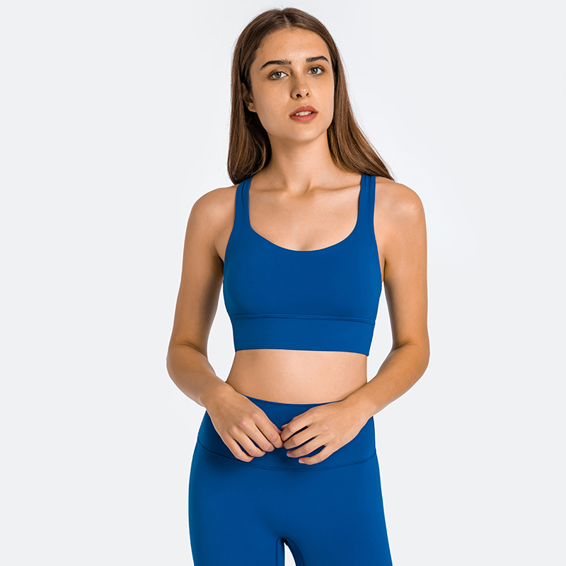 Klein blue shop widened hem back criss cross straps double sided brushed nylon toe dye shock absorber push up sports bra at a great price on Hergymclothing