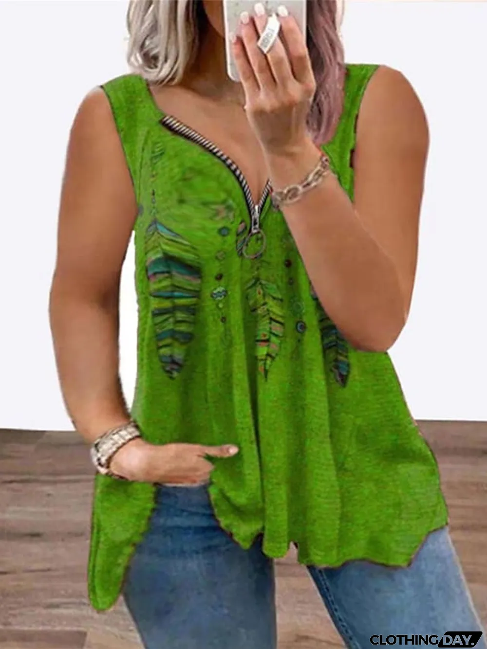 Women's Plus Size T shirt Tee Graphic Daily Going out Weekend Black Wine Purple Print Zipper Sleeveless Streetwear V Neck Regular Fit Summer Spring