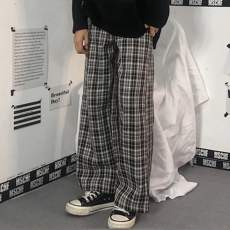 Vintage Plaid Pants-Elastic Waist Women High Plus Size Wide Leg Casual Female Korean