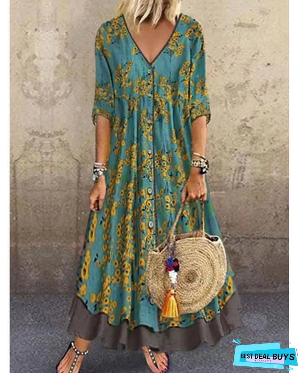 Women's A-Line Dress Maxi Long Dress - Half Sleeve Floral Layered Button Print Spring & Summer Deep V Hot Casual Holiday Vacation Dresses Loose Red Green Gray