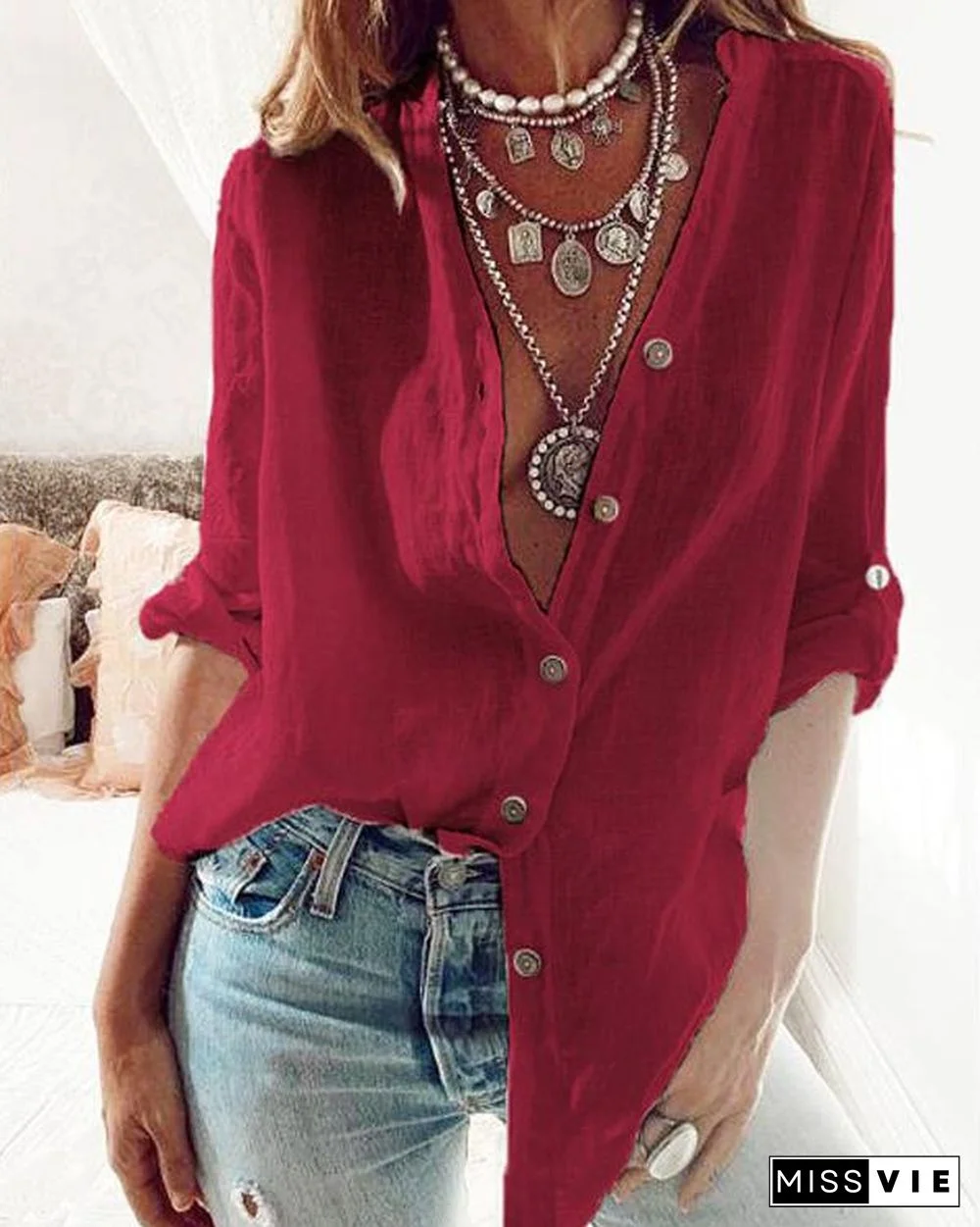 Solid Casual V-Neckline Long Sleeve Blouses