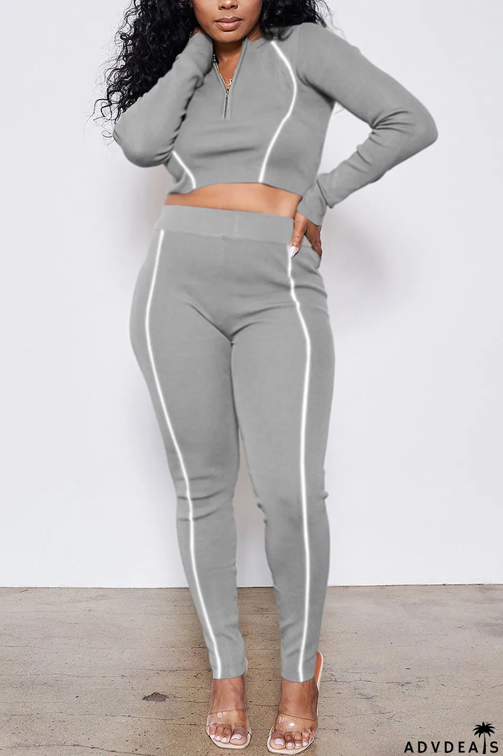 Apricot Casual Sportswear Polyester Fiber Patchwork Solid Split Joint Pants Zipper Collar Long Sleeve Regular Sleeve Short Two Pieces