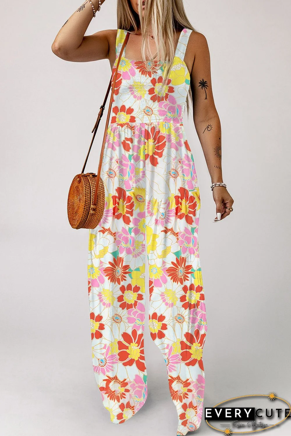 Multicolor Floral Print Shirred Sleeveless Wide Leg Jumpsuit